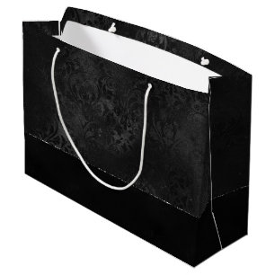 Midnight Onyx Romance   Black Satiny Grunge Damask Large Gift Bag
