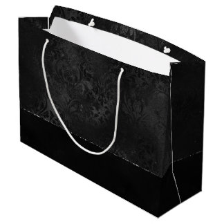 Midnight Onyx Romance | Black Satiny Grunge Damask Large Gift Bag