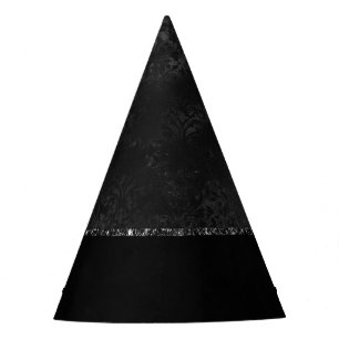 Midnight Onyx Romance   Black Satiny Grunge Damask Party Hat