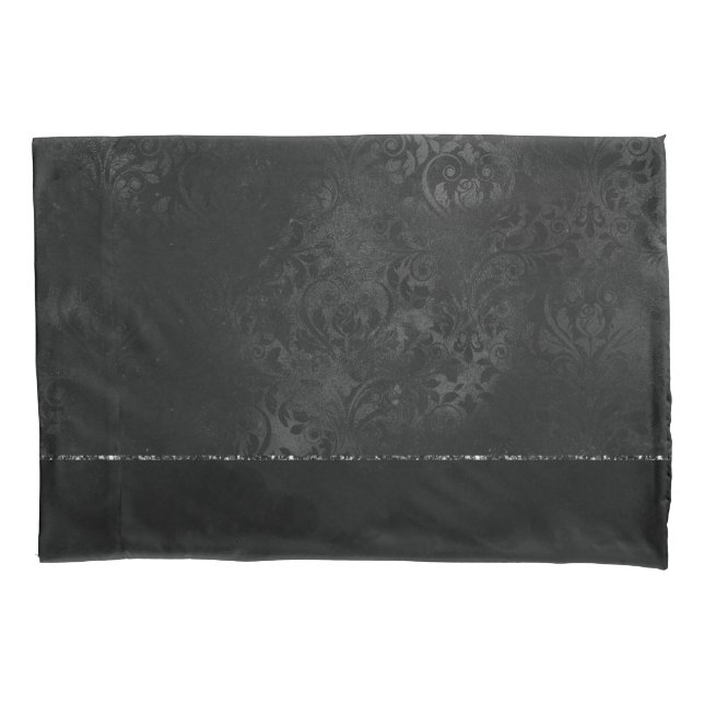 Midnight Onyx Romance | Black Satiny Grunge Damask Pillowcase (Front)