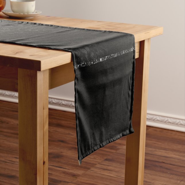 Midnight Onyx Romance | Black Satiny Grunge Damask Short Table Runner (In Situ)