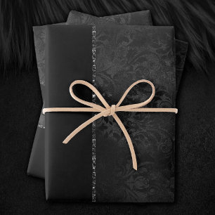 Midnight Onyx Romance   Black Satiny Grunge Damask Wrapping Paper Sheet