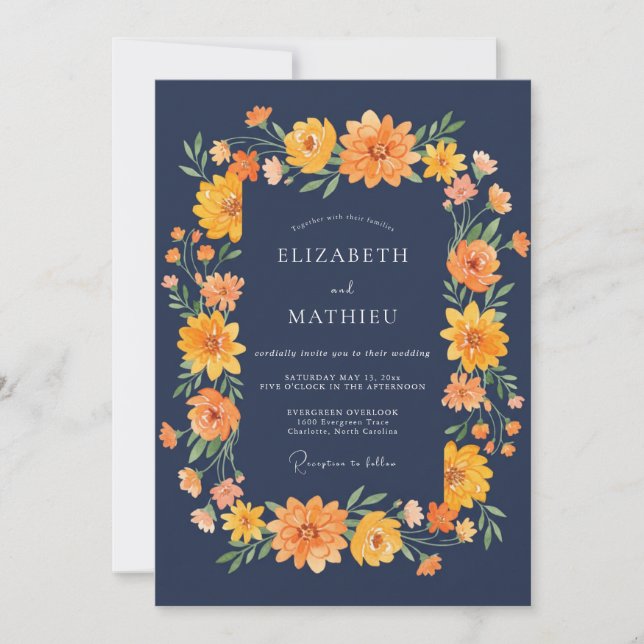 Midnight Orange Zinnia Eucalyptus Wedding Invitation (Front)