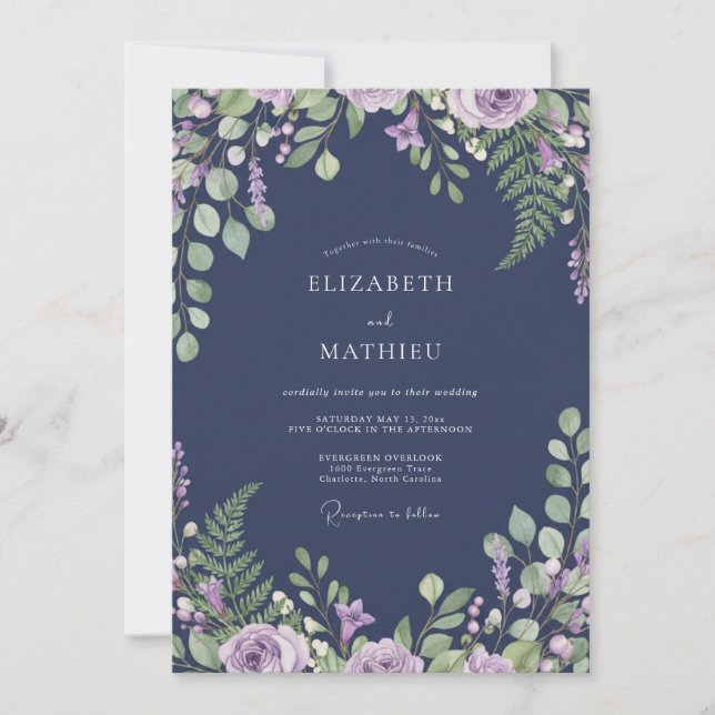 Midnight Orchid Fern Wedding Invitation (Front)