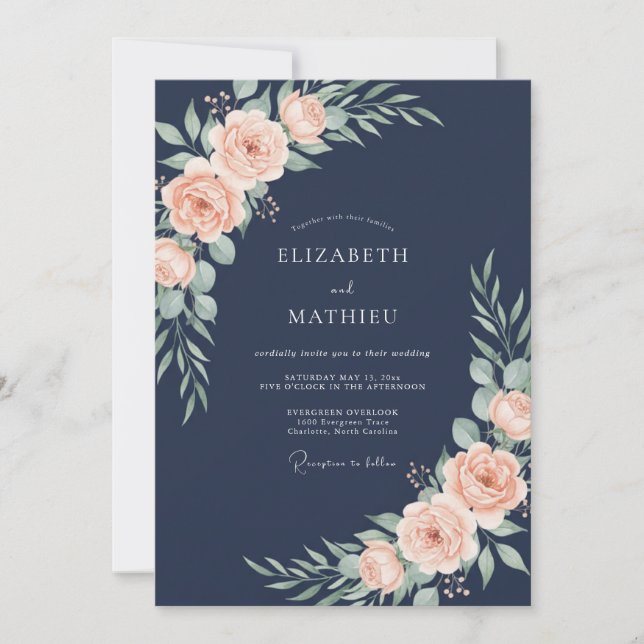 Midnight Peach Botanical Watercolor Wedding Invitation (Front)