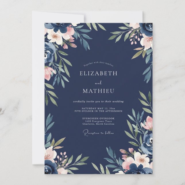Midnight Peach Foliage Dusty Eucalyptus Wedding Invitation (Front)