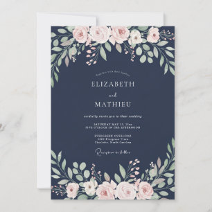 Midnight Peach Foliage Muted Eucalyptus Wedding Invitation