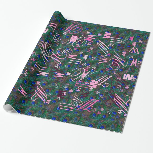 Midnight Peacock Feathers Etching Style Decor Wrapping Paper (Unrolled)