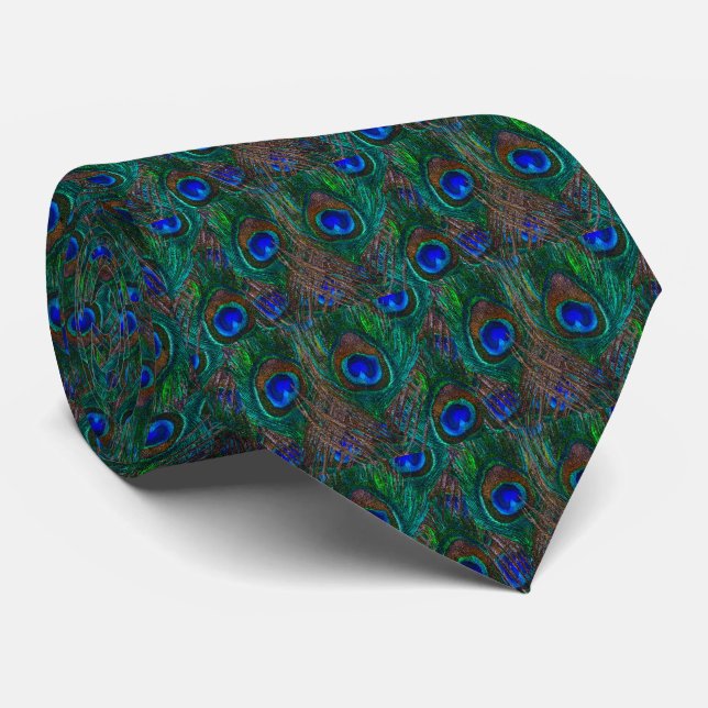 Midnight Peacock Feathers Etching Style Tie (Rolled)