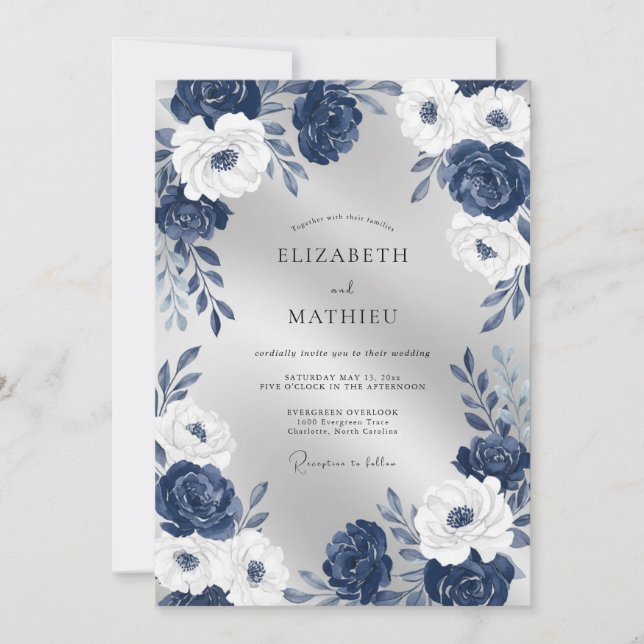 Midnight Pearl White Blossom Wedding Invitation (Front)