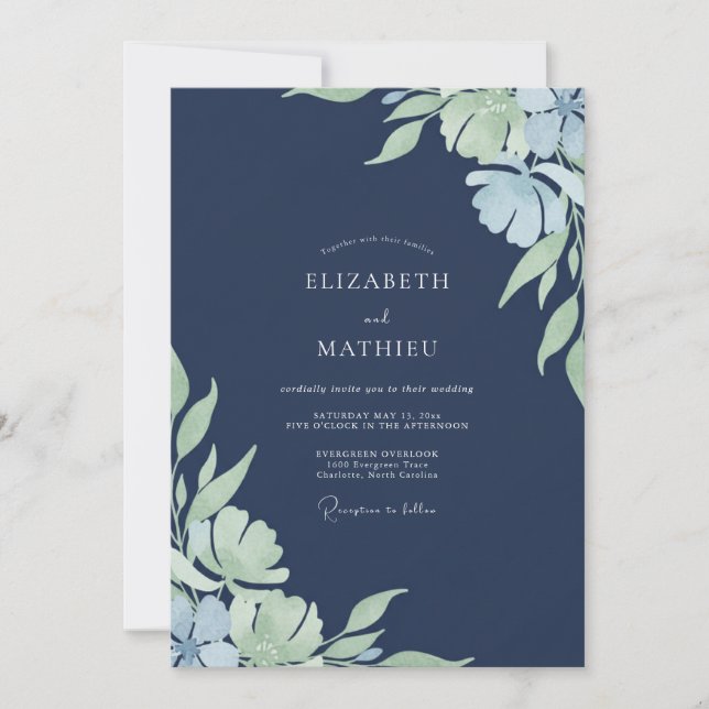 Midnight Periwinkle Blossom Wedding Invitation (Front)