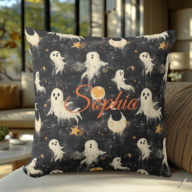 Midnight Phantoms Halloween Golden Moons and Stars Cushion (Creator Uploaded)