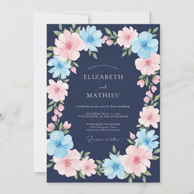 Midnight Pink Azure Wildflower Wedding Invitation (Front)