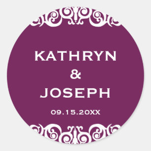 Midnight plum Victorian scroll wedding favour labe Classic Round Sticker