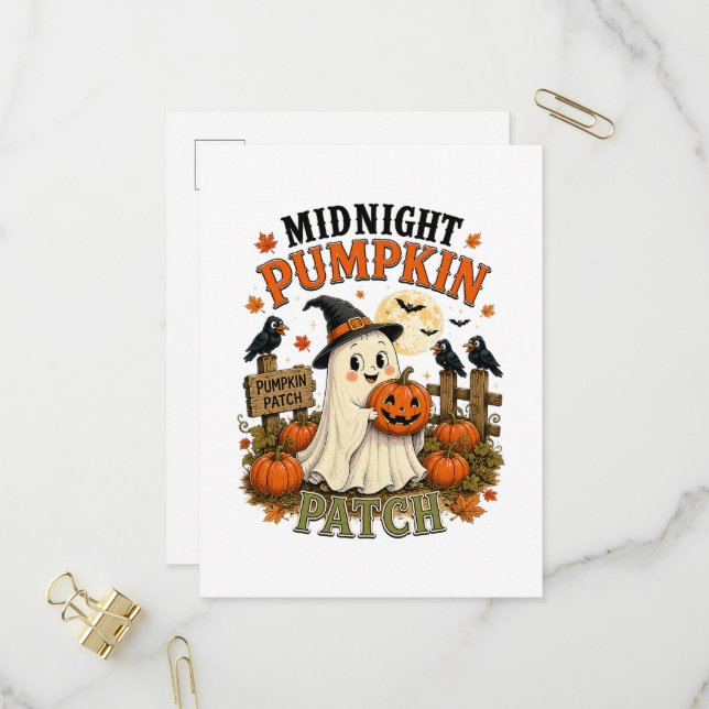 Midnight Pumpkin Patch Ghost Halloween Invitation Postcard (Front/Back In Situ)