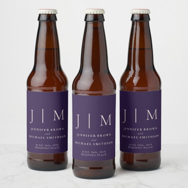 Midnight Purple Cheers Monogram Wedding Beer Bottle Label (Bottles)