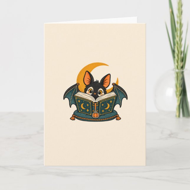 Midnight Reader – Cute Bat Book Lover Card (Front)