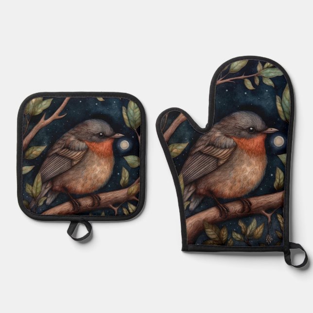 Midnight Robin   Oven Mitt & Pot Holder Set (Front)