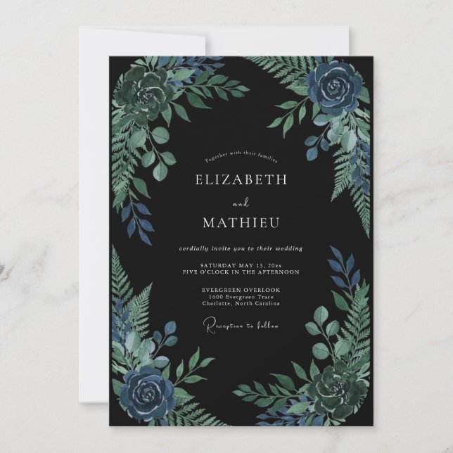 Midnight Sapphire Foliage Eucalyptus Wedding Invitation (Front)
