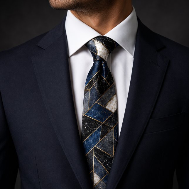 Midnight Sapphire Gold Luxury Marble Geometric Tie (Creator Uploaded)