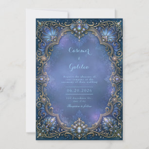 Midnight Sapphire Jewelled Filigree Frame Wedding Invitation