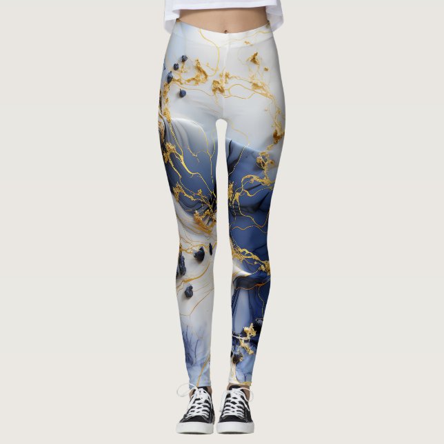 Midnight Sapphire Marble with Gold Threads Leggings (Front)