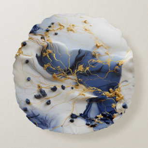 Midnight Sapphire Marble with Gold Threads Round Cushion