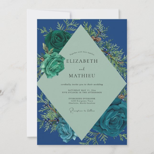 Midnight Seafoam Leaf Wedding Invitation (Front)