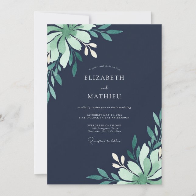 Midnight Seafoam Sprig Eucalyptus Wedding Invitation (Front)