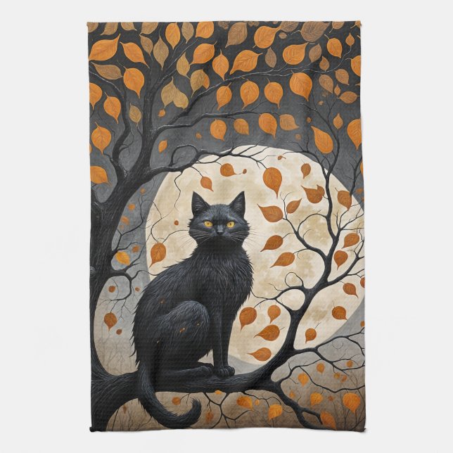 Midnight Sentinel Under the Harvest Moon Tea Towel (Vertical)