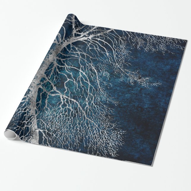 Midnight Silver tree - Black Poplar Wrapping Paper (Unrolled)