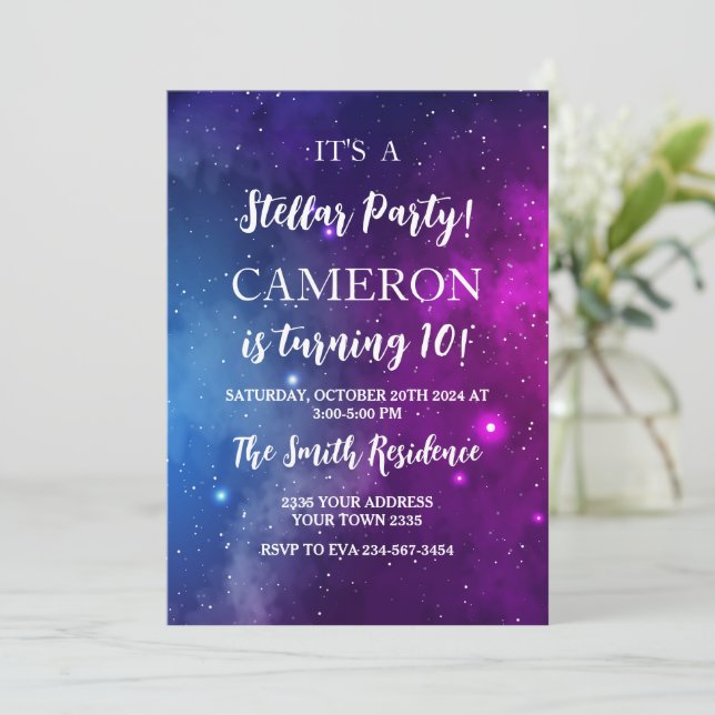 Midnight Sky & Shining Stars Galaxy Birthday Party Invitation (Standing Front)