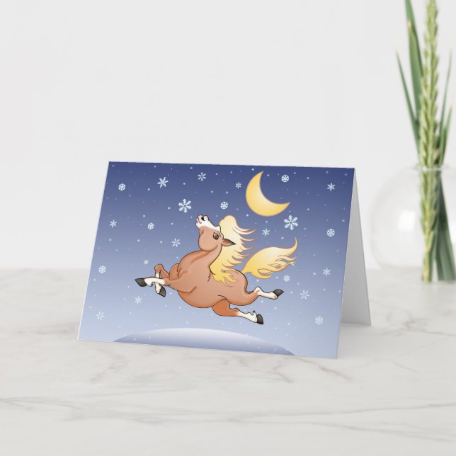 Midnight Snow gallop under the Moon Holiday Card (Front)