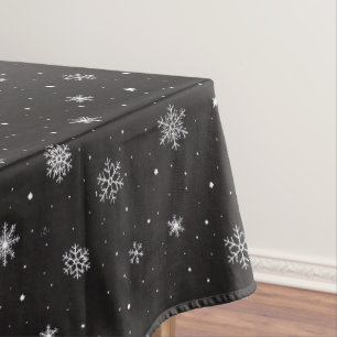 Midnight Snowflakes Sparkle on Black Tablecloth