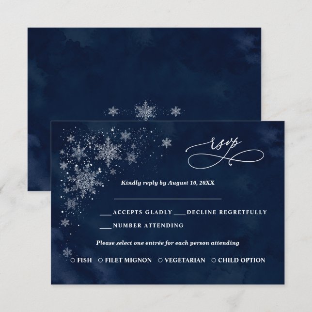 Midnight Snowflakes Wedding RSVP card  (Front/Back)