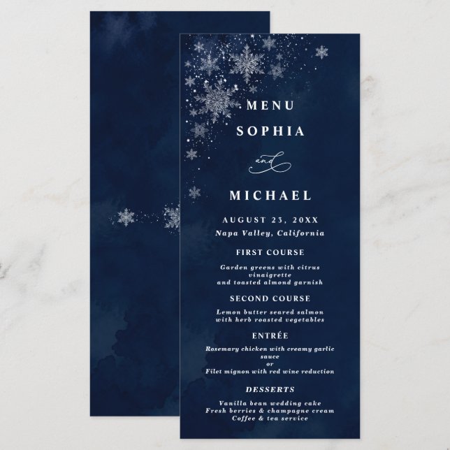 Midnight Snowflakes Winter Wedding Menu (Front/Back)