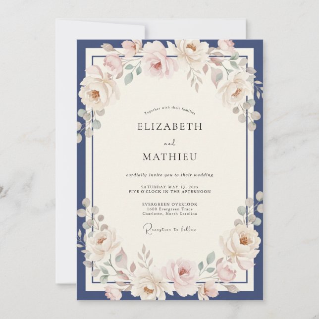 Midnight Soft Champagne Petal Wedding Invitation (Front)