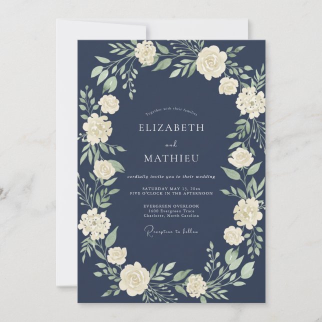 Midnight Soft Ivory Leafy Wedding Invitation (Front)