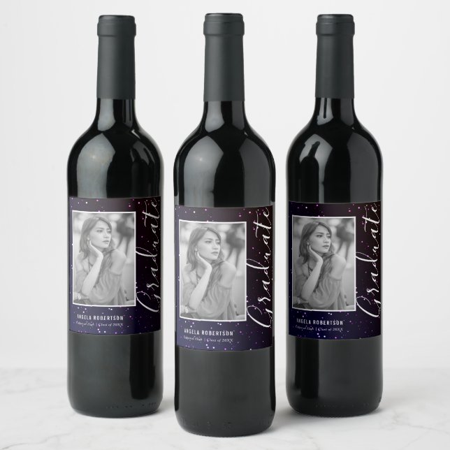 Midnight Space Glitter Photo Graduation Wine Label (Bottles)