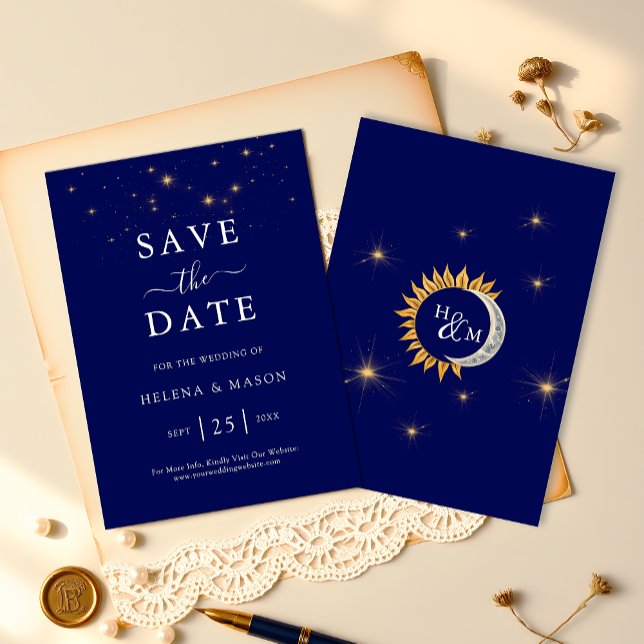 Midnight Stars Monogram Navy Blue Wedding Save The Date (Creator Uploaded)