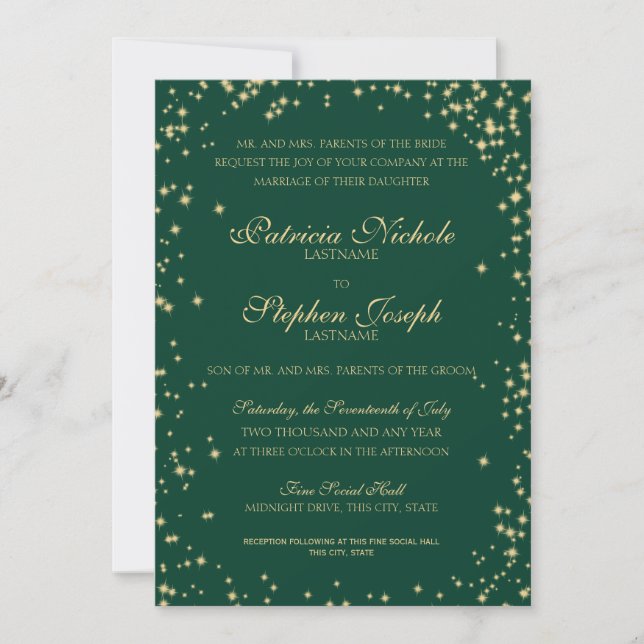 Midnight Stars Twinkle Sky Emerald Wedding Invitation (Front)