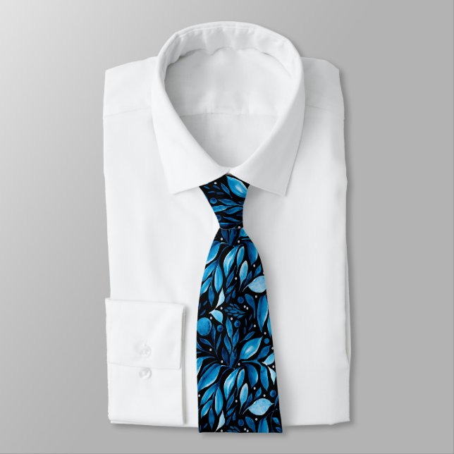 Midnight Stroll Black & Blue Botanical Tie (Tied)
