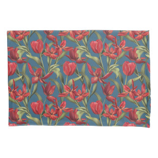 Midnight Teal background with Red Tulips Pillowcase