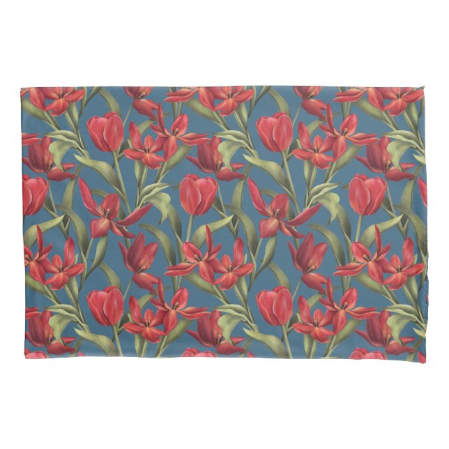 Midnight Teal background with Red Tulips Pillowcase (Front)