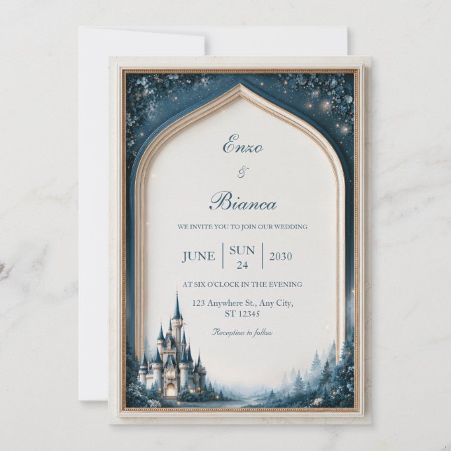 Midnight Teal Castle Gothic Arch Wedding Invitation (Front)