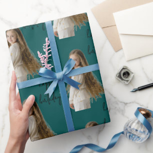 Midnight Teal & Custom Birthday text and photo - Wrapping Paper