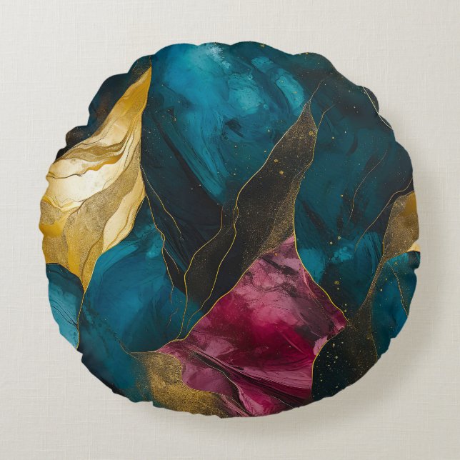 Midnight Teal & Gold Marble Fusion Round Cushion (Front)