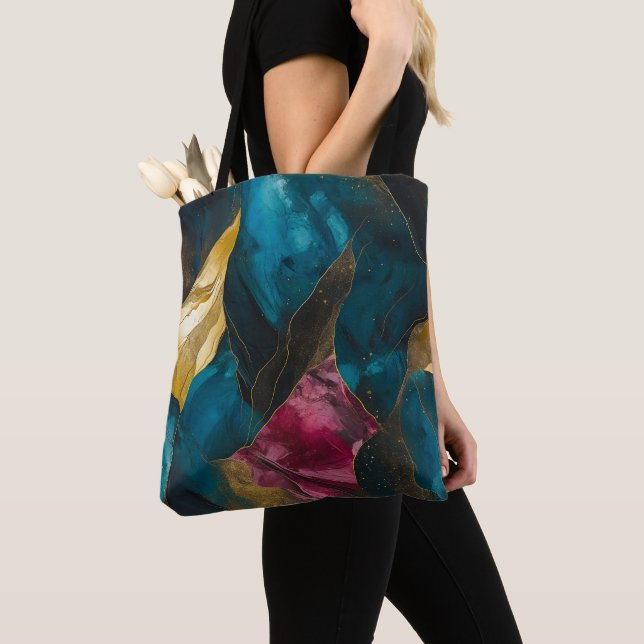 Midnight Teal & Gold Marble Fusion Tote Bag (Close Up)