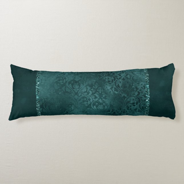 Midnight Teal Romance | Dark Satiny Grunge Damask Body Cushion (Front)