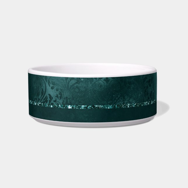 Midnight Teal Romance | Dark Satiny Grunge Damask Bowl (Front)